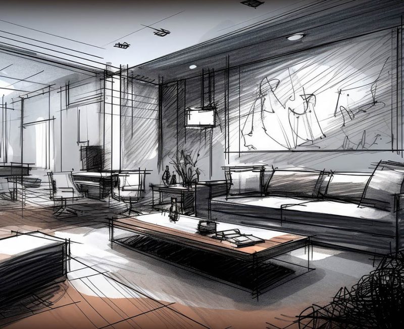 Concept illustration of a abstract sketch design of interior living. Generative AI